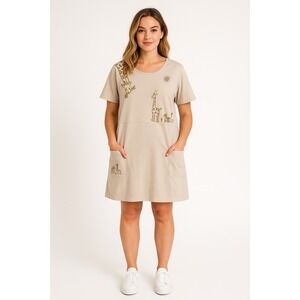 Viva City Dress Womens 3X Beige Giraffe Animal Print Relaxed Tunic Art Leganlook